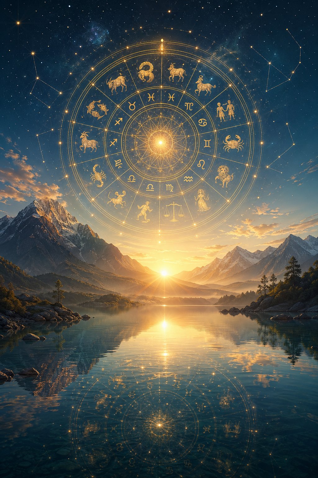 Golden zodiac wheel above a calm sunrise lake