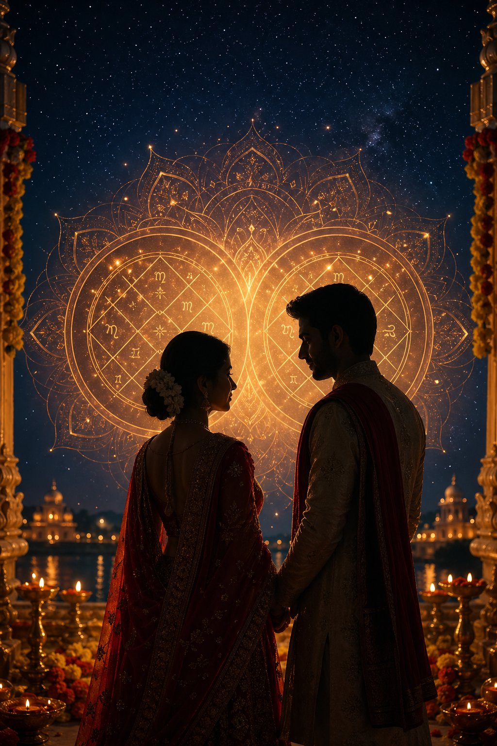 Couple silhouettes with astrological compatibility charts