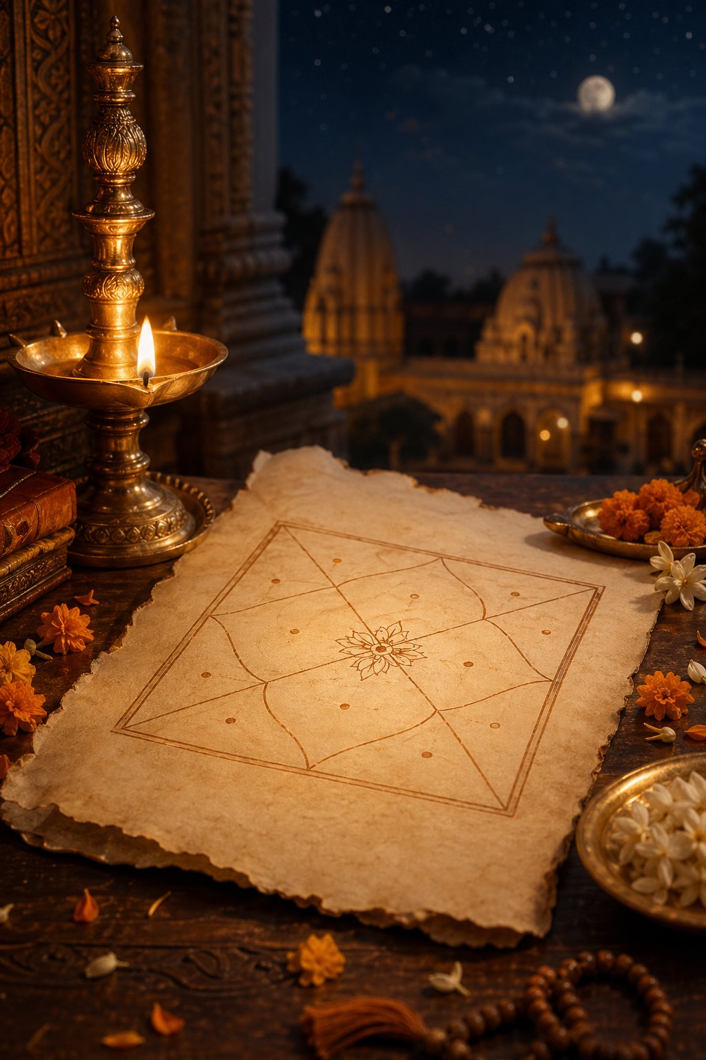 Vedic kundli chart reading with a glowing diya